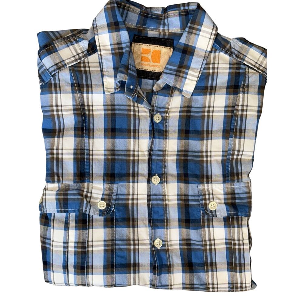 Hugo Boss Orange Men's Button Up Shirt Size Small Blue Plaid Pockets Casual EUC